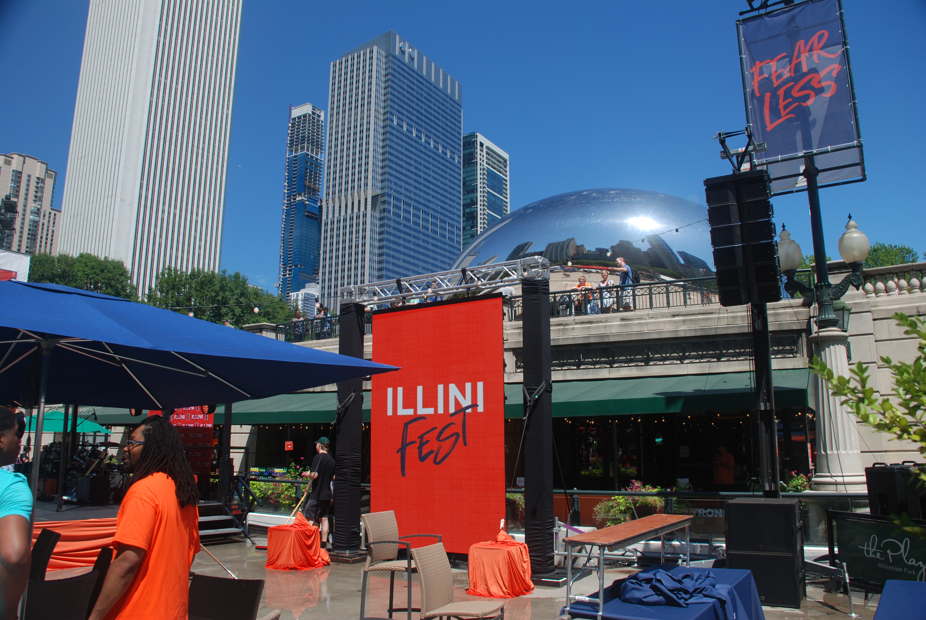 Illini Fest signage with Chicago skyscraper background