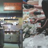 Split screen images of a patron at Peaches Cafe and a food bank