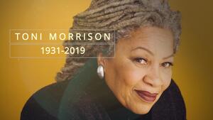 Toni Morrison with a mustard yellow background and text reading "Toni Morrison 1931-2019"