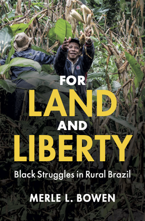 for land and liberty book cover. loarge yellow title letters and a man smiling and reaching up surrounded by forest