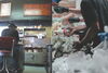 Split screen images of a patron at Peaches Cafe and a food bank