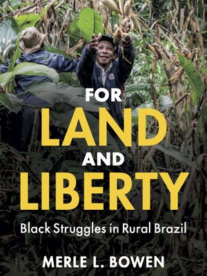 for land and liberty book cover. loarge yellow title letters and a man smiling and reaching up surrounded by forest